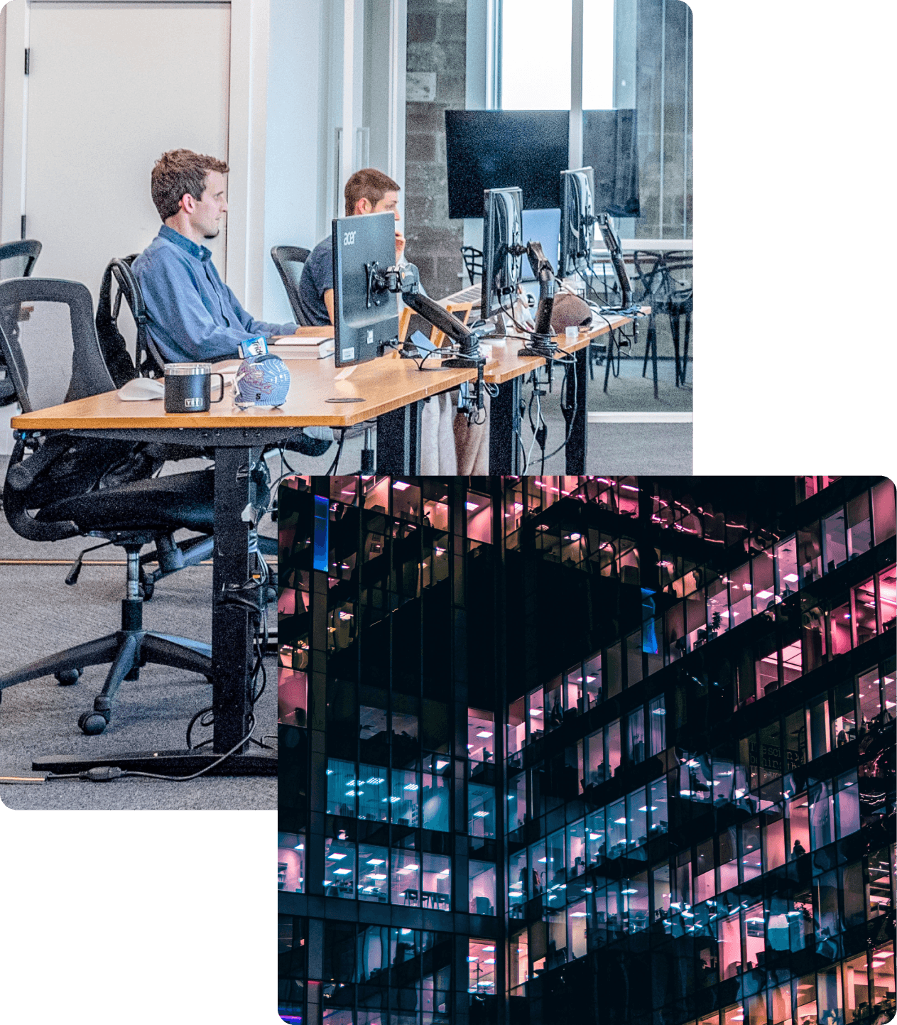 Two people working on computers in an office