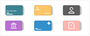 Icons representing a bank, financial notes, medical files, and personal notes