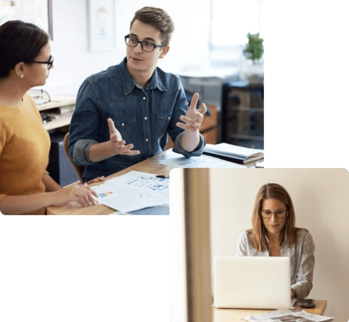Zwei Personen kooperieren und eine arbeitet am Laptop