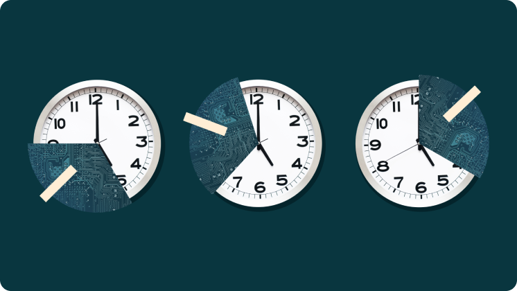 Three analog clocks that say 5:00 collaged with circuit boards in a row on a dark green background.