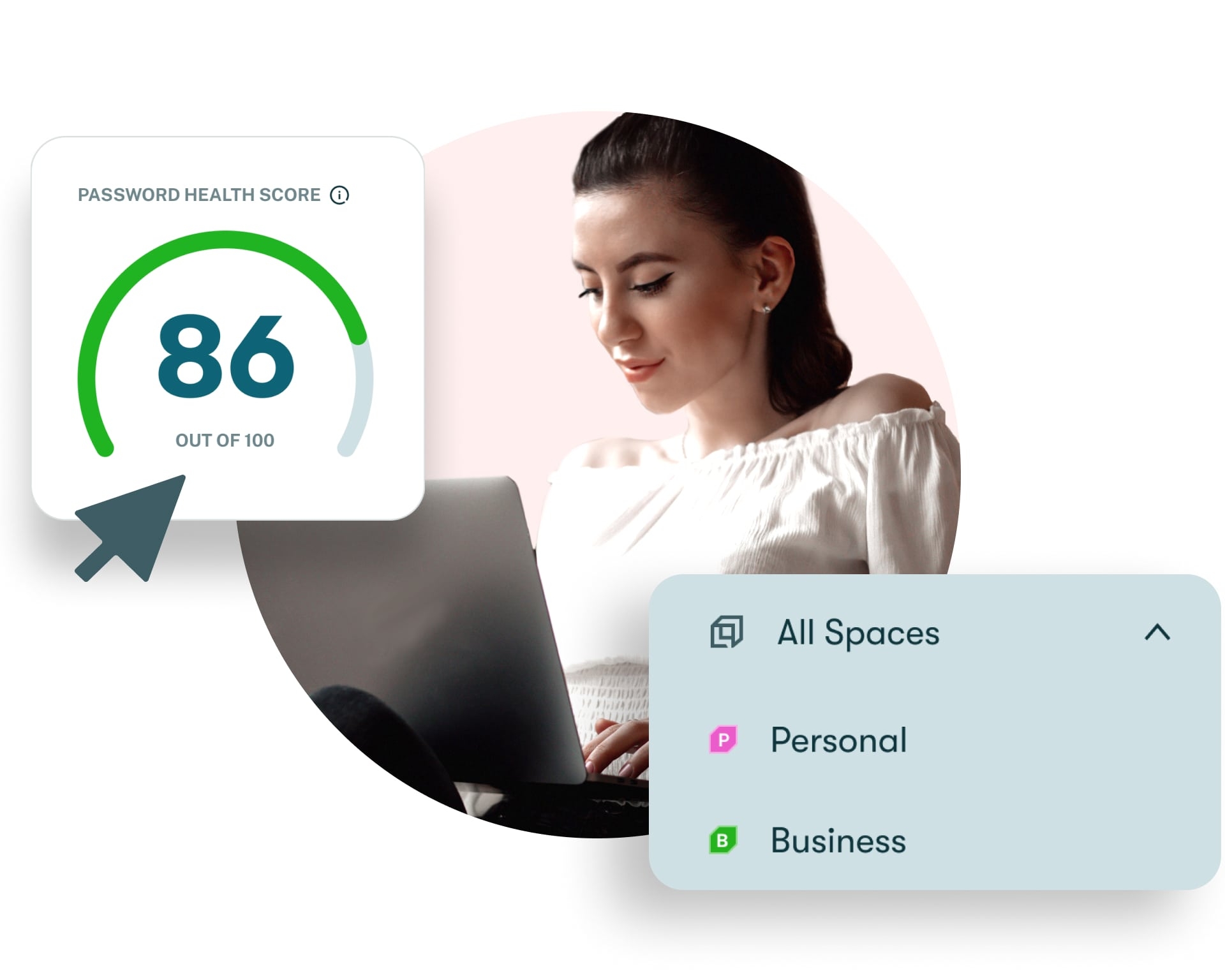 Woman on her computer, alongside a screenshot of her password score and her two Dashlane spaces, business and personal.